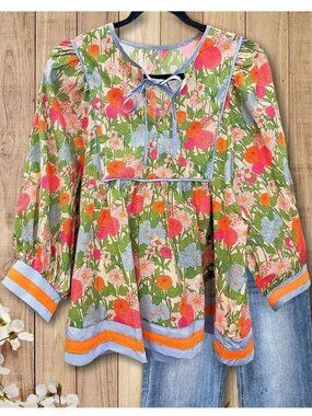 SAGE VELL Women's Patchwork Urban Tie Neck Floral Print Blouse Size S Multicolor